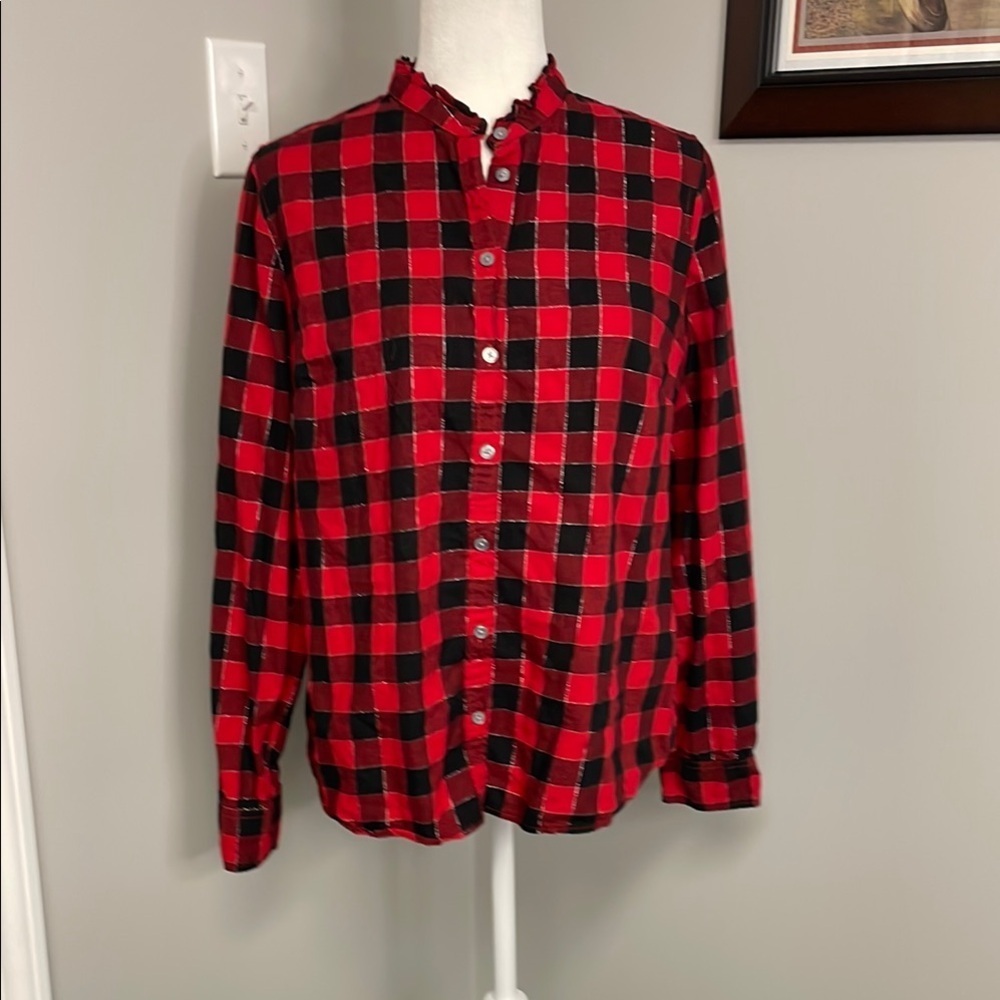 J. Crew Black Red Plaid Holiday Tartan Long Sleeve Ruffle Button Down Size Large